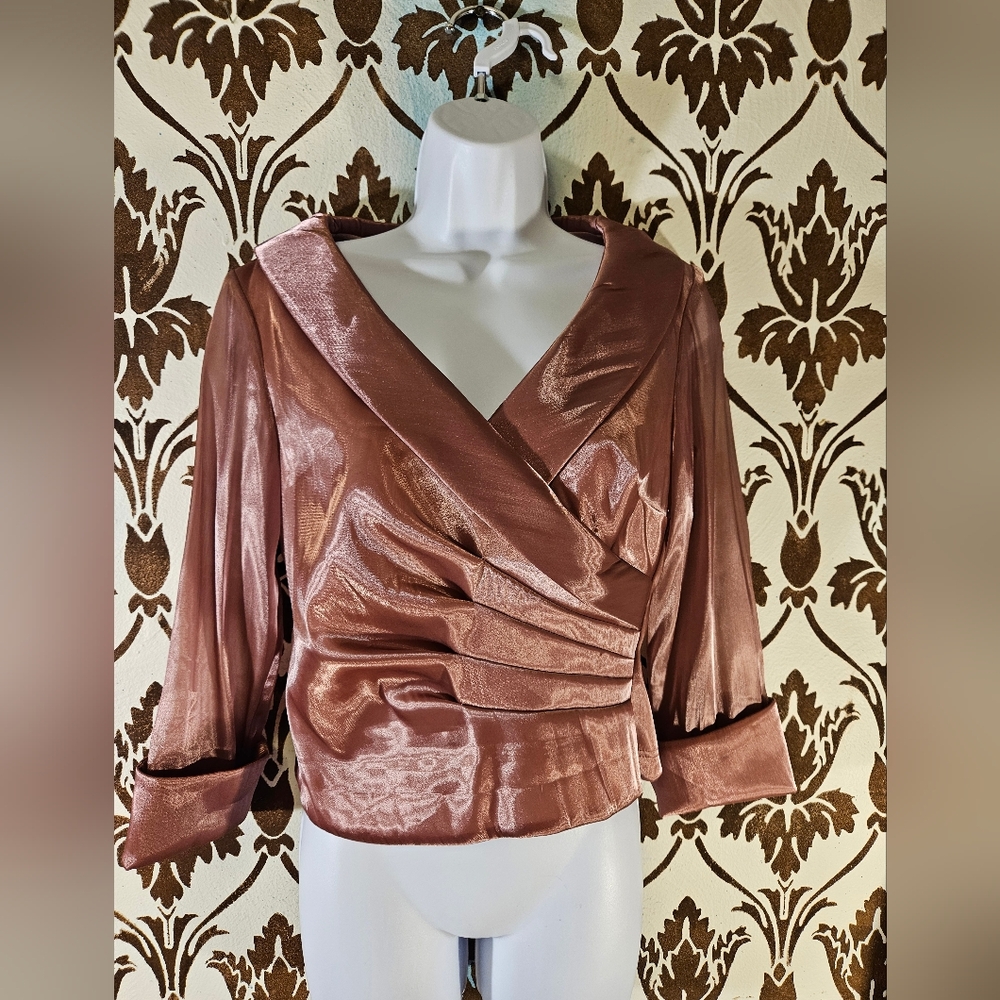 Vtg.90s BAHARI Faux Wrap-Crop Blouse Top Evening Brown Mocha-Satin Women's 6